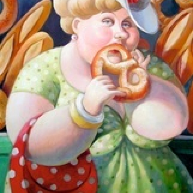 Ansichtkaart Dikke Dame eet een Pretzel.